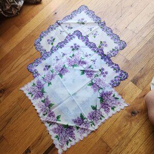 Vintage Floral Handkerchief Set Of 3 With Purple Lilac & Violets Scalloped Edges